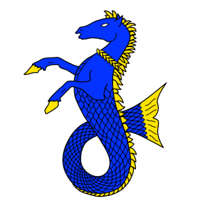 A sea-horse sejant azure, crined, finned, unguled, and gorged of a laurel wreath Or. (Registered April 1975)