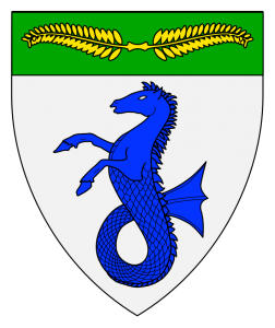 Argent, a seahorse erect azure, on a chief vert a laurel wreath elongated fesswise Or. (Returned December 1983)